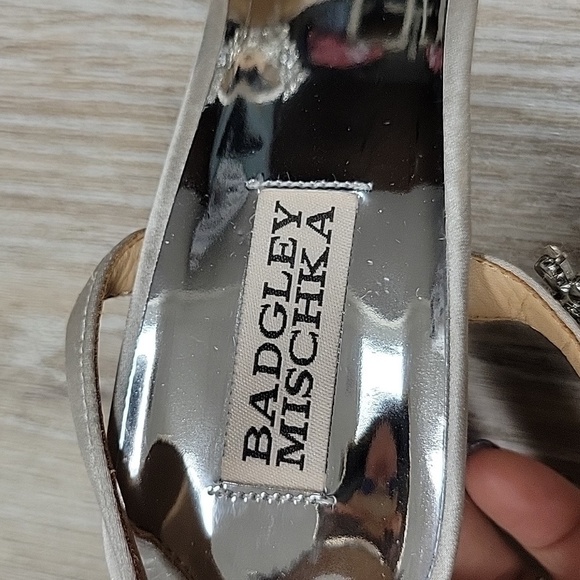 Badgley Mischka Size 9 Morning Fog Esmeralda Embellished Silk Pumps - Picture 6 of 12